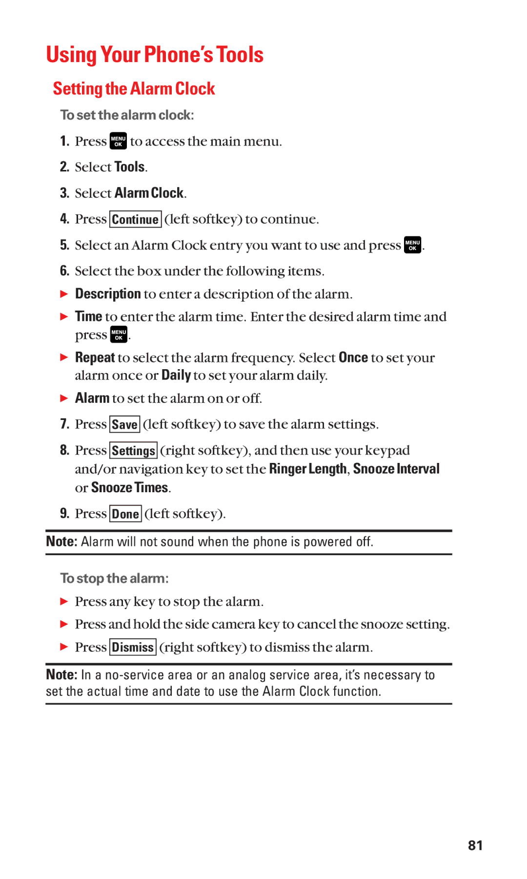 Sanyo Cell Phone manual Using Your Phone’s Tools, Setting the Alarm Clock, Select Alarm Clock 