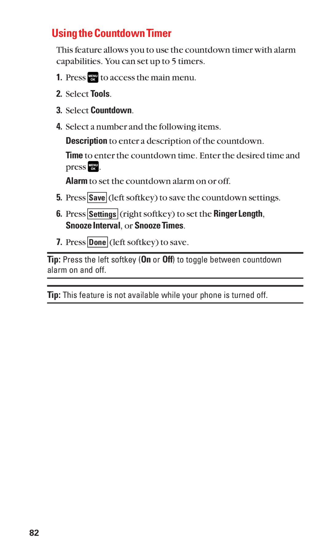 Sanyo Cell Phone manual Using the Countdown Timer, Select Countdown, Snooze Interval, or Snooze Times 