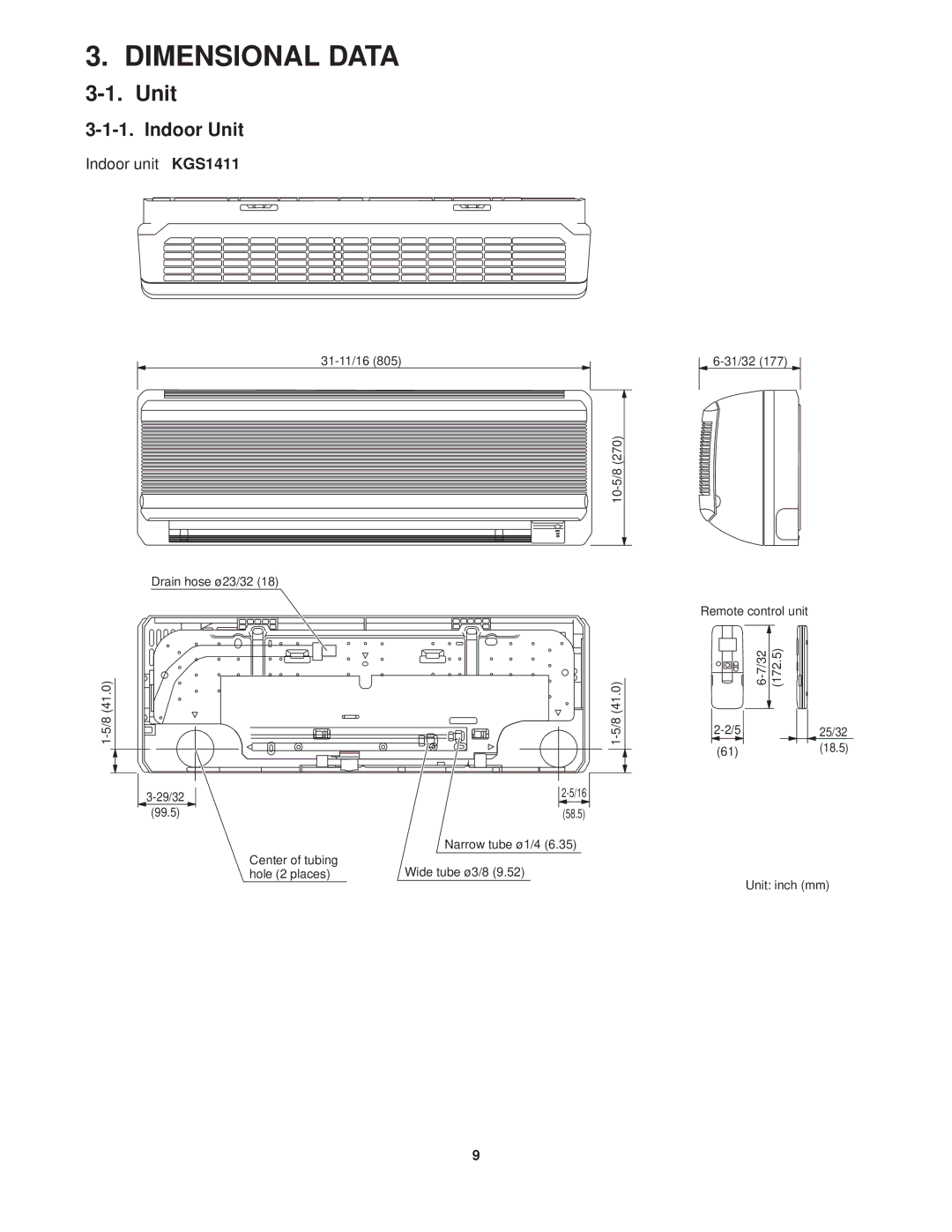 Sanyo KGS1411, CG1411 service manual Dimensional Data, Unit 