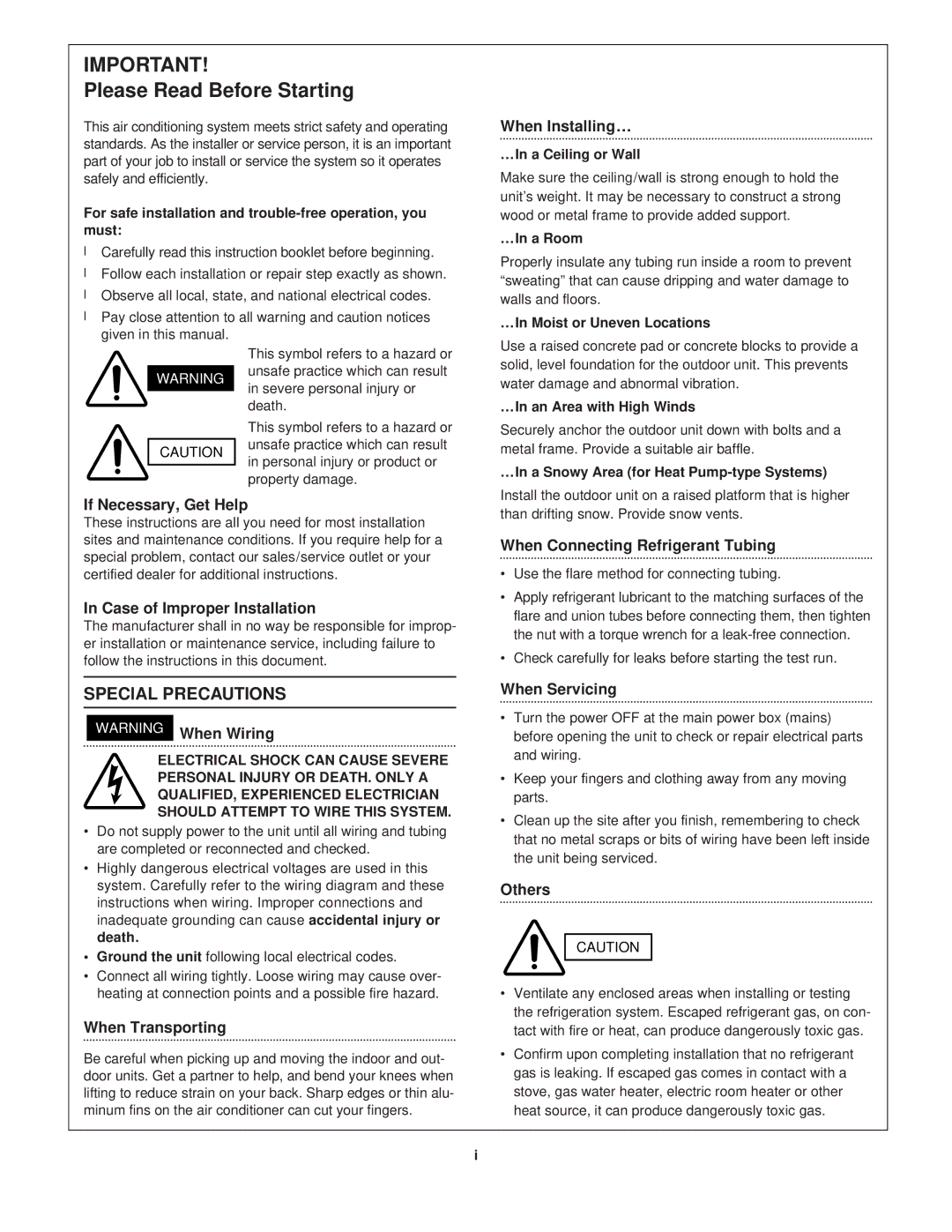 Sanyo CG1411 When Installing…, If Necessary, Get Help, Case of Improper Installation, When Transporting, When Servicing 