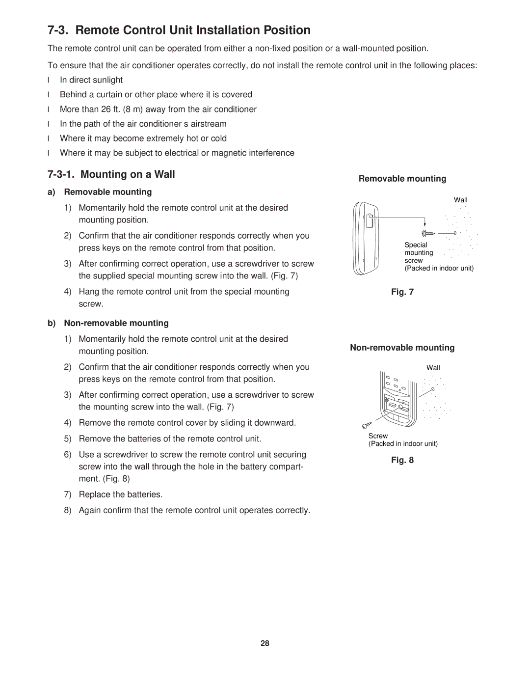 Sanyo CG1411 Remote Control Unit Installation Position, Mounting on a Wall, Removable mounting, Non-removable mounting 