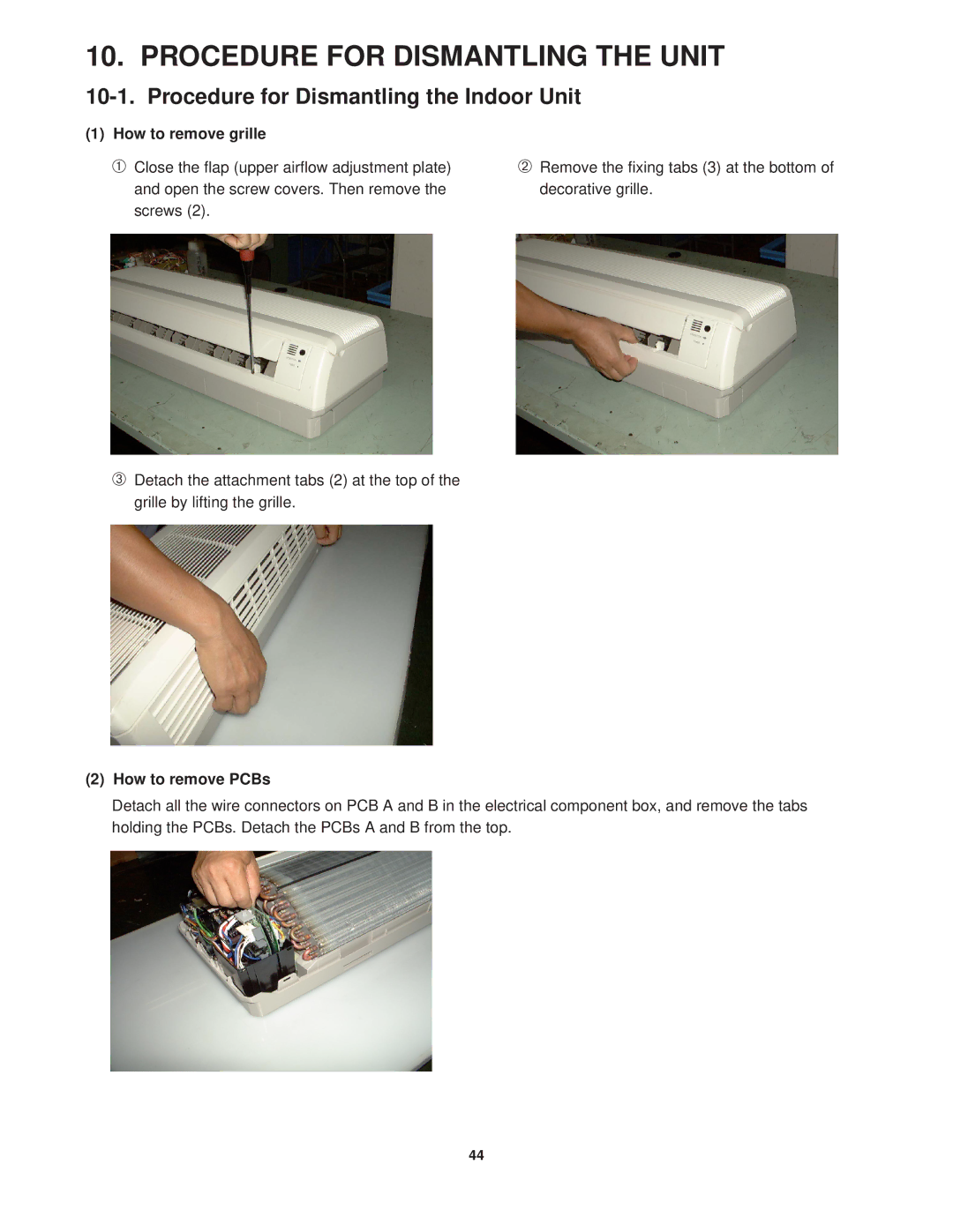 Sanyo CG1411, KGS1411 Procedure for Dismantling the Unit, Procedure for Dismantling the Indoor Unit, How to remove grille 