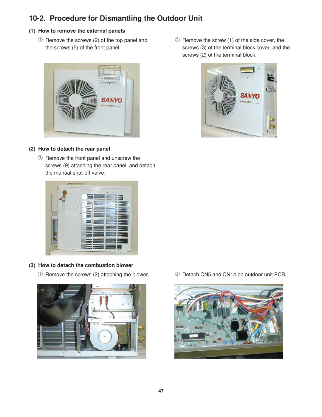 Sanyo KGS1411 Procedure for Dismantling the Outdoor Unit, How to remove the external panels, How to detach the rear panel 