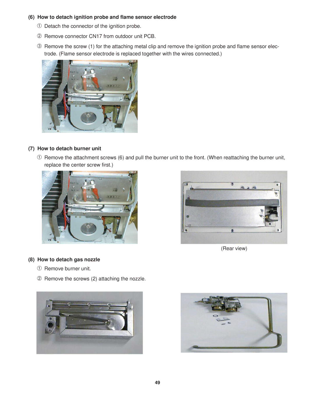 Sanyo KGS1411 How to detach ignition probe and flame sensor electrode, How to detach burner unit, How to detach gas nozzle 