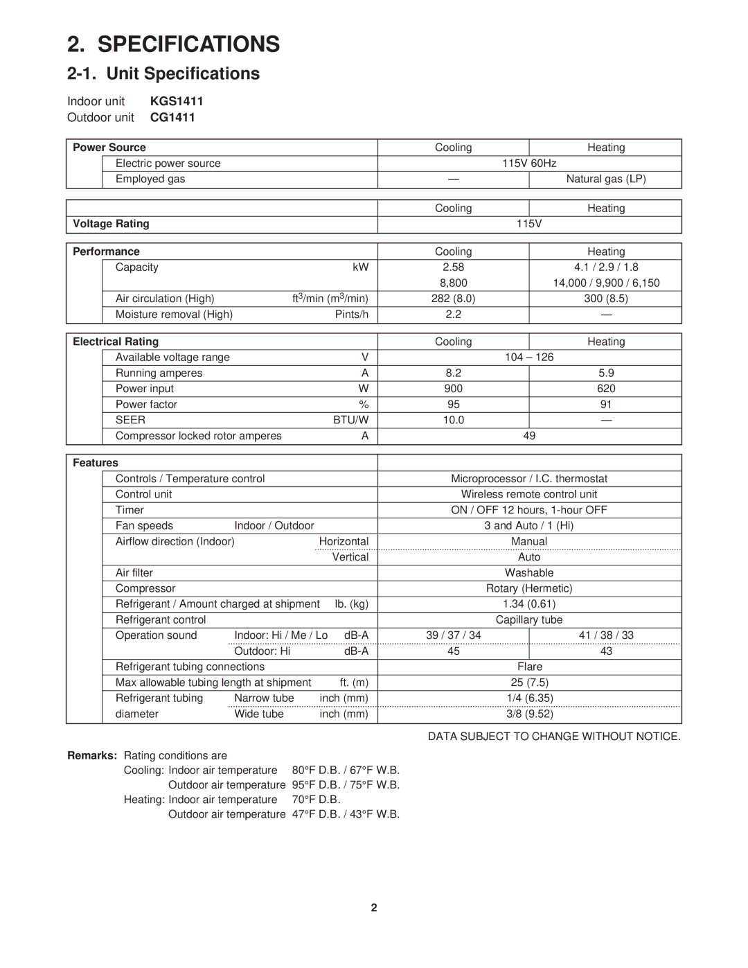 Sanyo CG1411 service manual Unit Specifications, KGS1411 