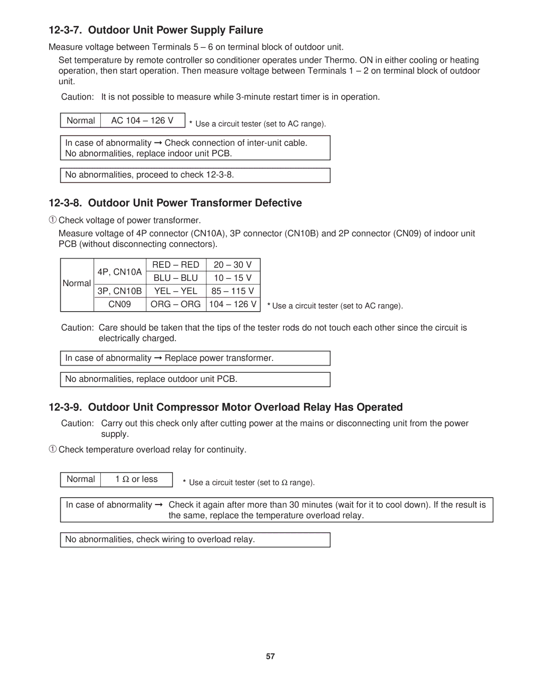 Sanyo KGS1411, CG1411 service manual Outdoor Unit Power Supply Failure, Outdoor Unit Power Transformer Defective 