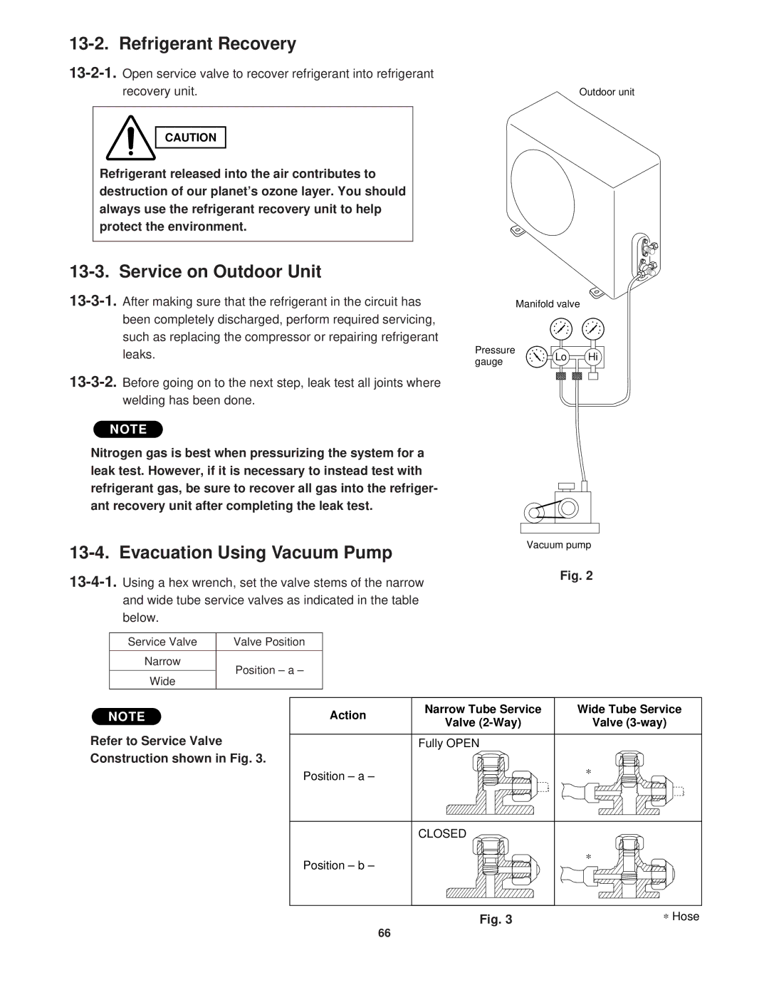 Sanyo CG1411, KGS1411 service manual Refrigerant Recovery, Service on Outdoor Unit, Evacuation Using Vacuum Pump 