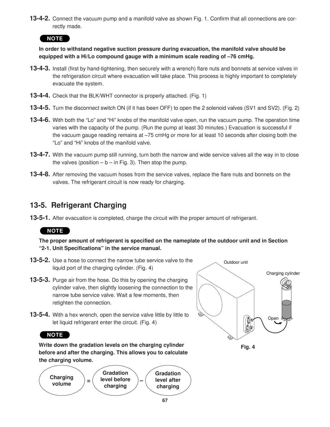 Sanyo KGS1411, CG1411 service manual Refrigerant Charging, Charging Gradation Level before, Volume, Level after 