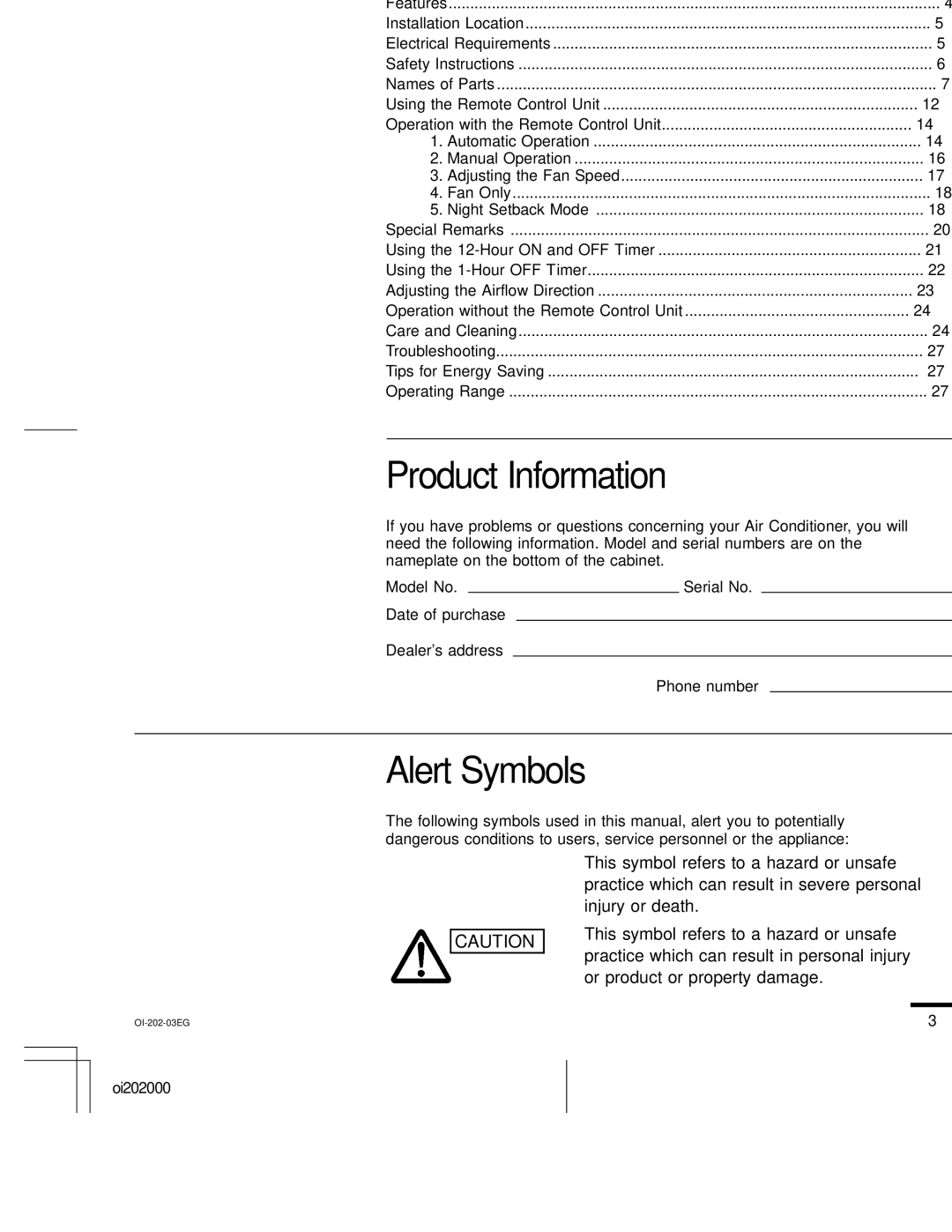 Sanyo KGS1411, CG1411 service manual Contents, Product Information, Alert Symbols 