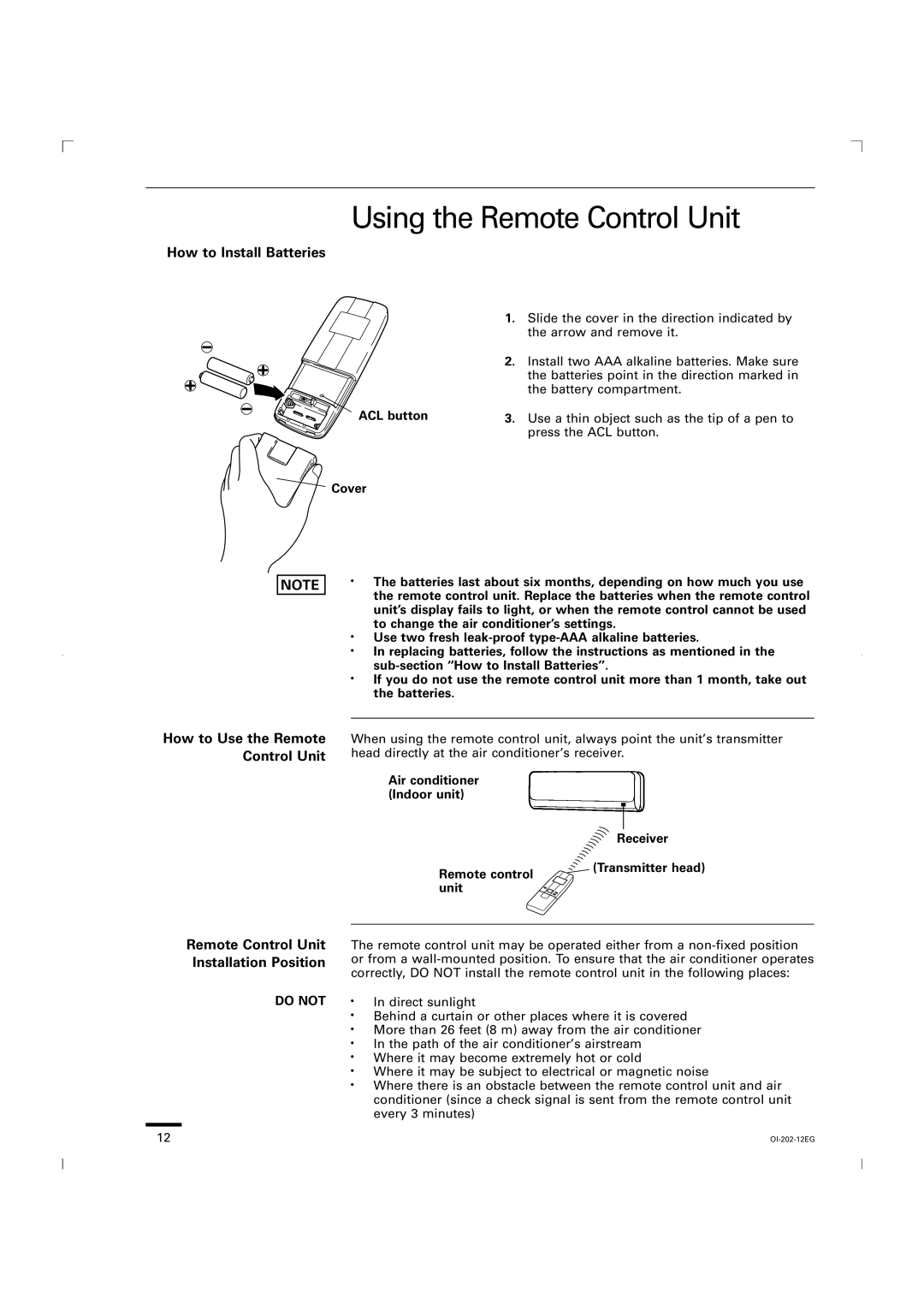 Sanyo CG1411, KGS1411 service manual Using the Remote Control Unit, ACL button Cover 