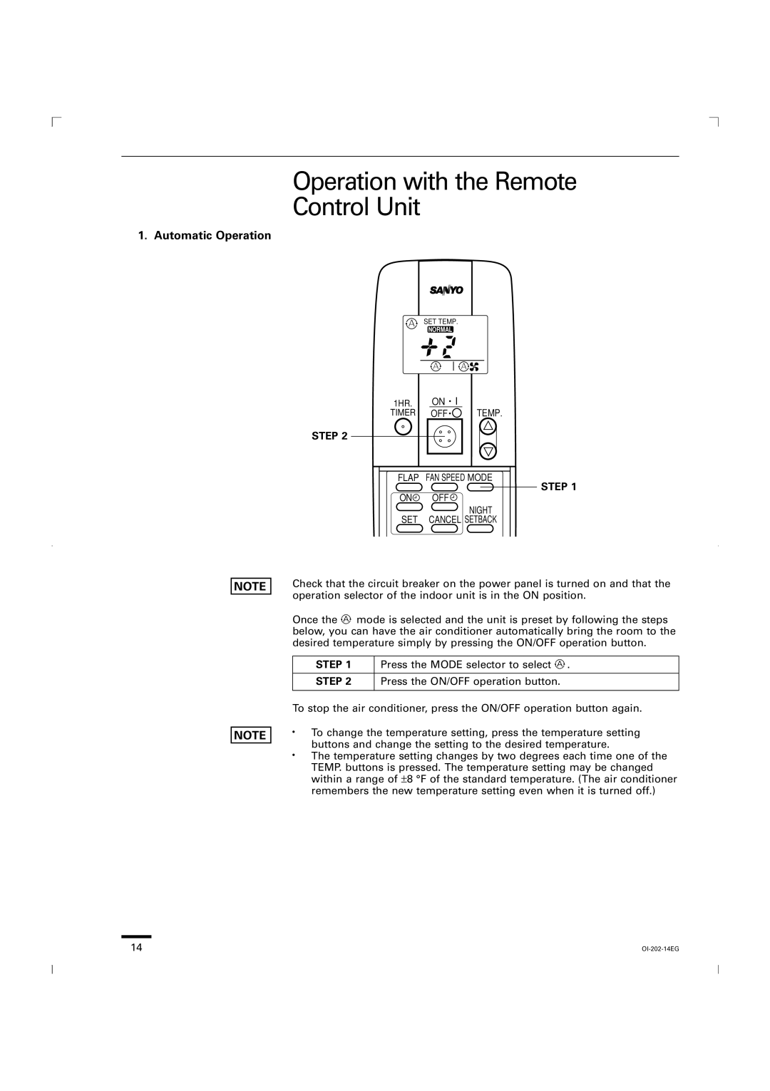 Sanyo CG1411, KGS1411 service manual Operation with the Remote Control Unit, Press the ON/OFF operation button 