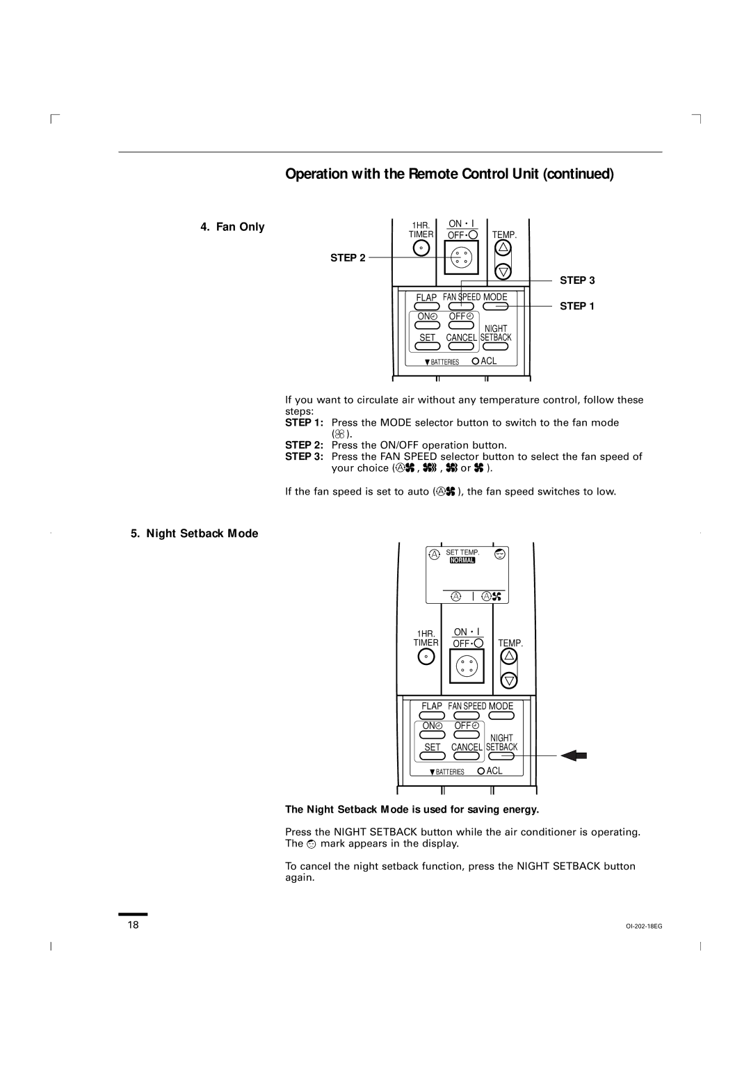 Sanyo CG1411, KGS1411 service manual Fan Only, Night Setback Mode is used for saving energy 