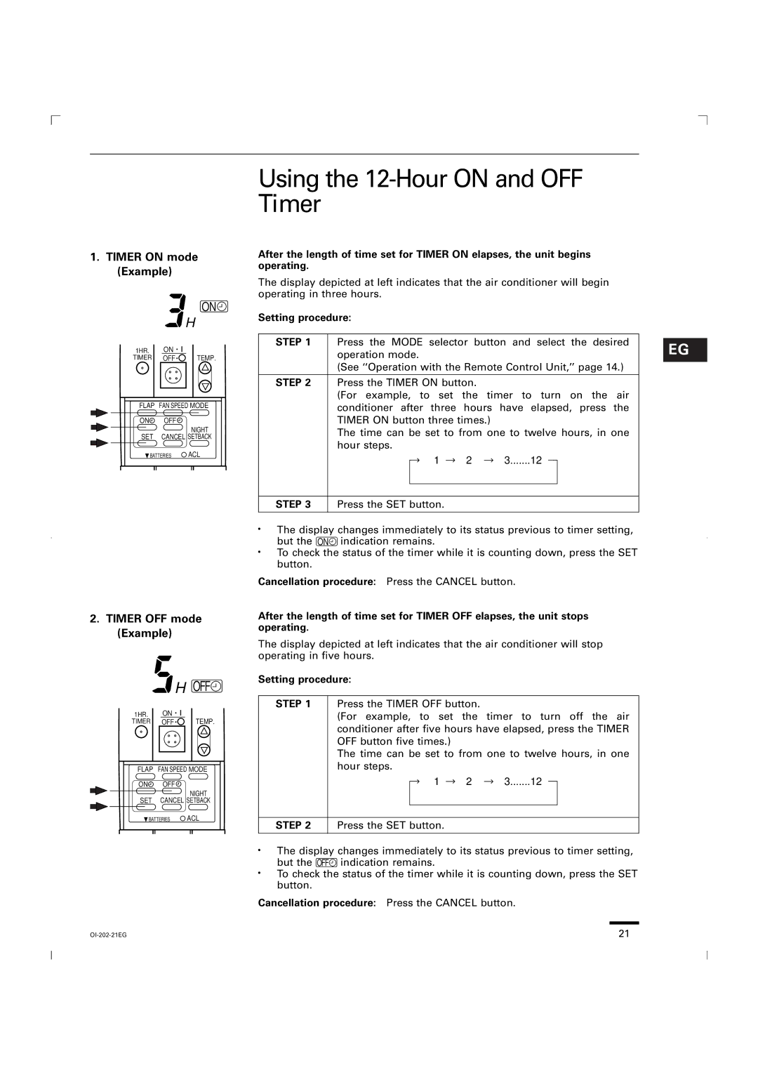 Sanyo KGS1411 Using the 12-Hour on and OFF Timer, Setting procedure, Cancellation procedure Press the Cancel button 