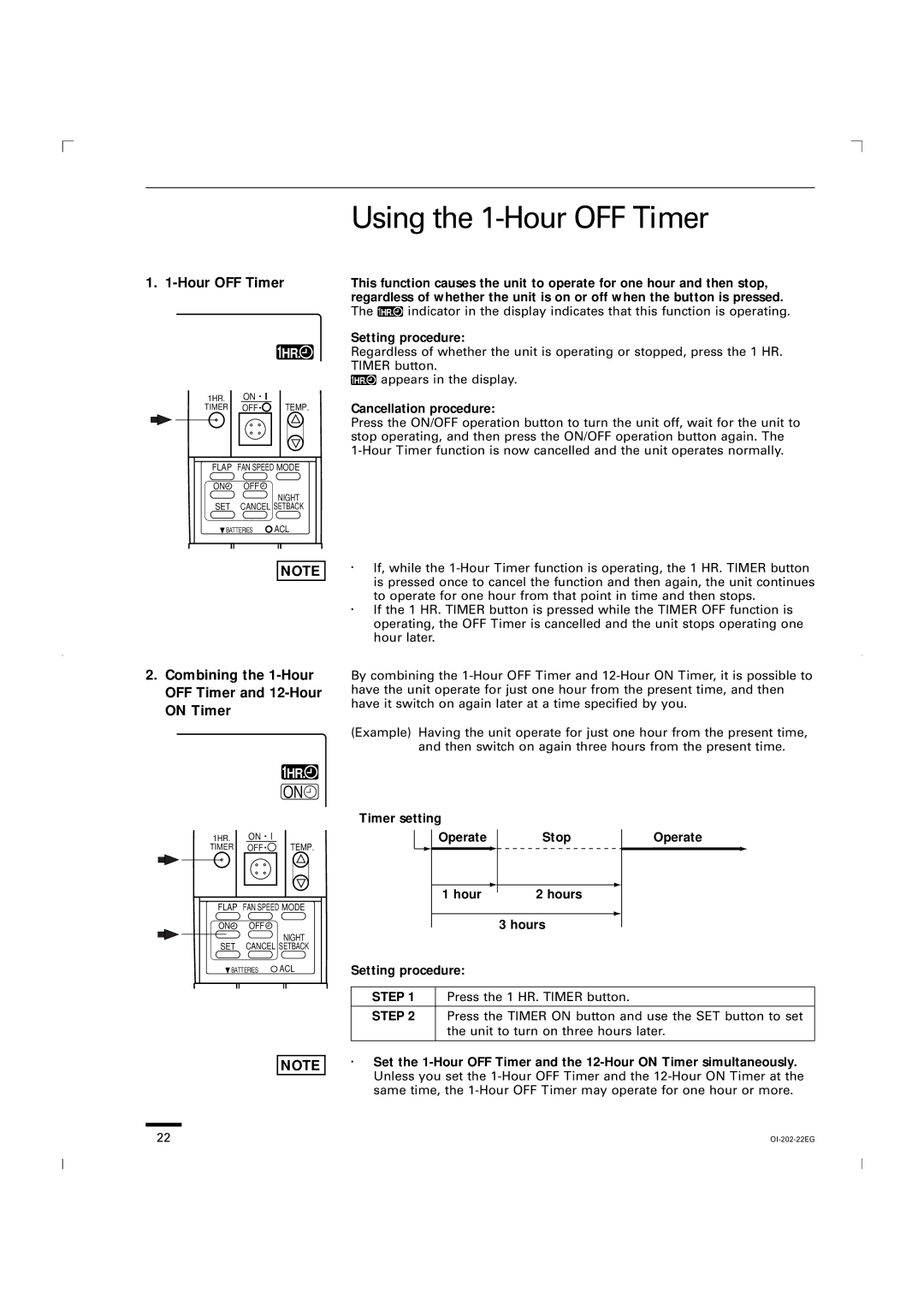 Sanyo CG1411, KGS1411 service manual Using the 1-Hour OFF Timer 