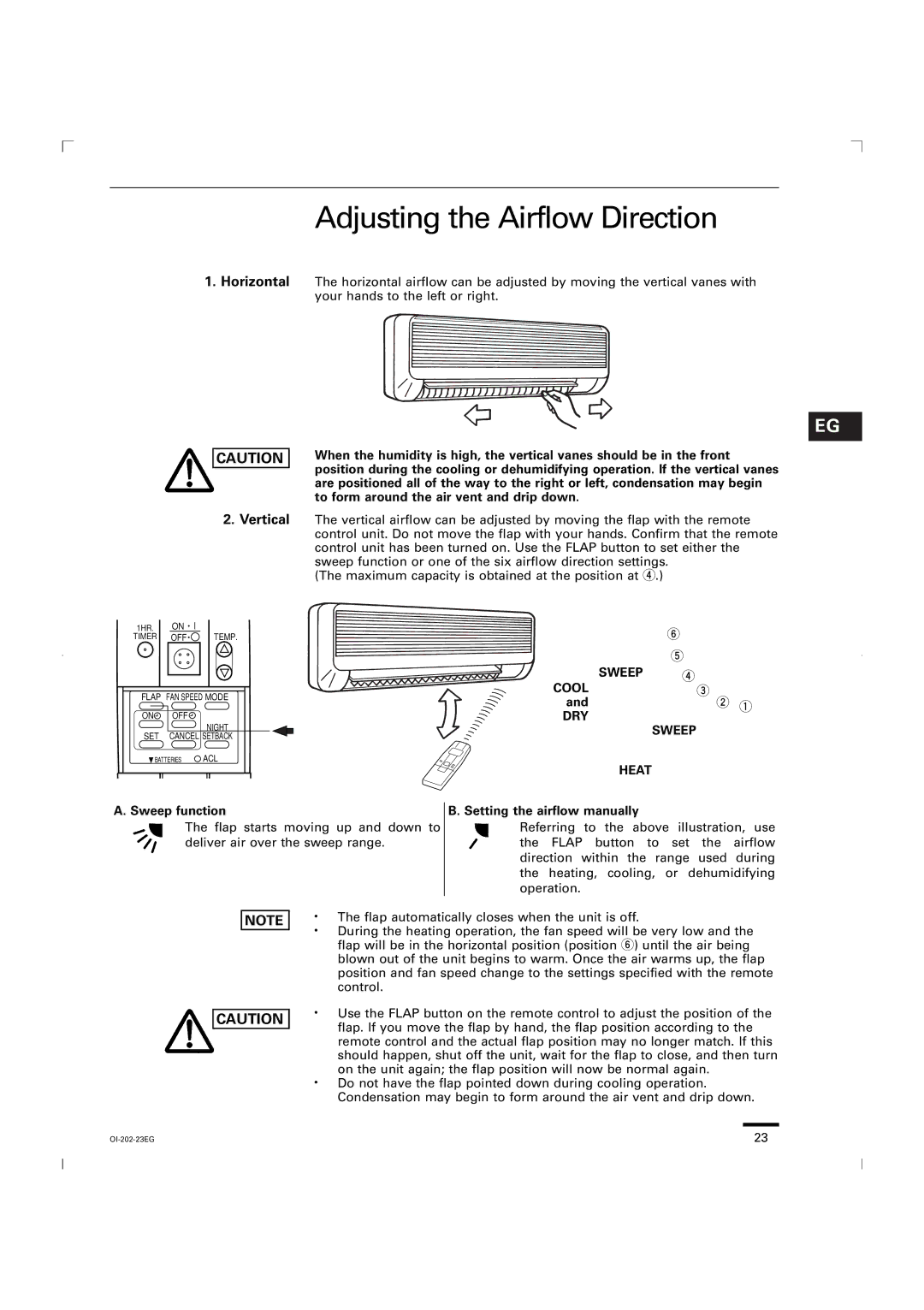 Sanyo KGS1411, CG1411 service manual Adjusting the Airflow Direction, Sweep function, Setting the airflow manually 