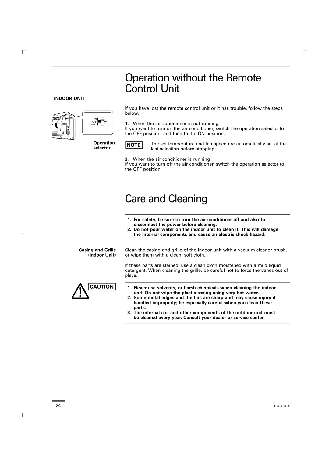 Sanyo CG1411, KGS1411 Operation without the Remote Control Unit, Care and Cleaning, Casing and Grille Indoor Unit 