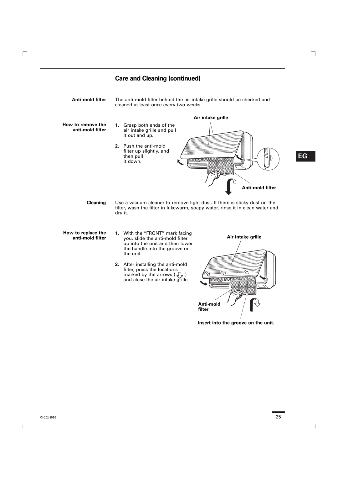 Sanyo KGS1411 Anti-mold filter How to remove the anti-mold filter, Air intake grille, How to replace the anti-mold filter 