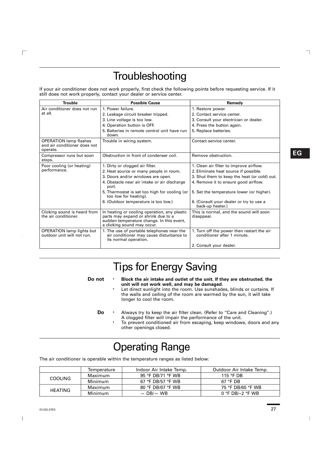 Sanyo KGS1411, CG1411 service manual Troubleshooting, Tips for Energy Saving, Operating Range 