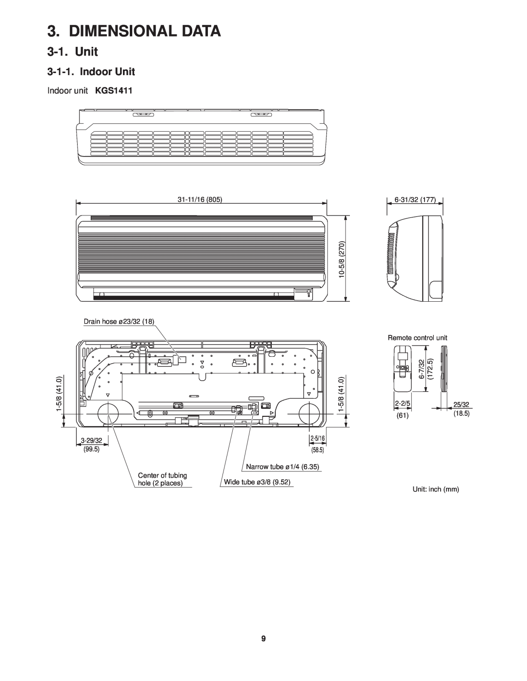 Sanyo KGS1411, CG1411 service manual Dimensional Data, Indoor Unit 