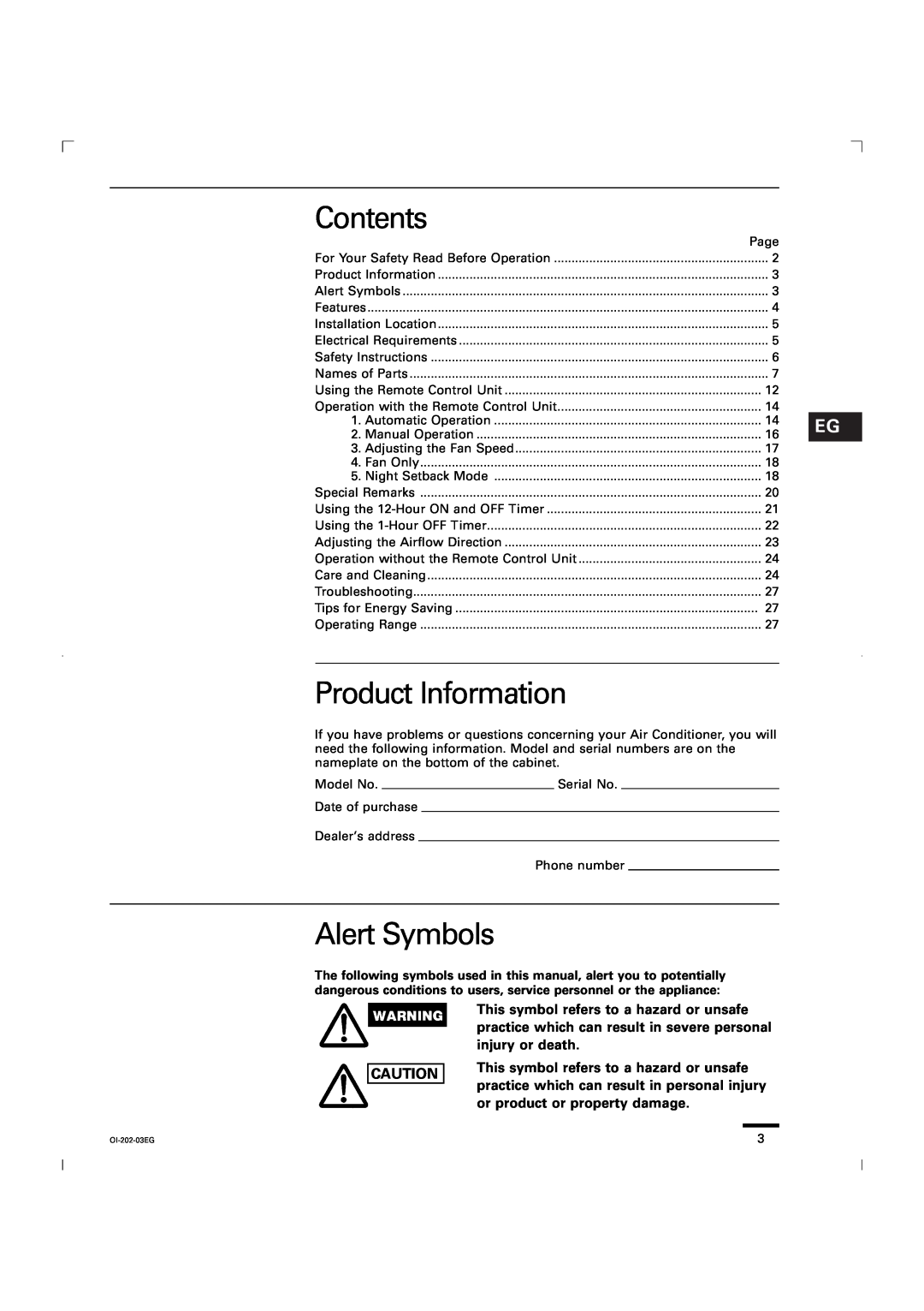 Sanyo KGS1411, CG1411 service manual Contents, Product Information, Alert Symbols 