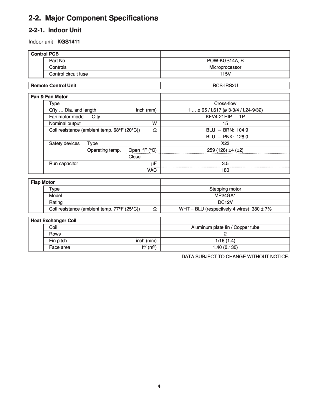 Sanyo CG1411, KGS1411 service manual Major Component Specifications, Indoor Unit 