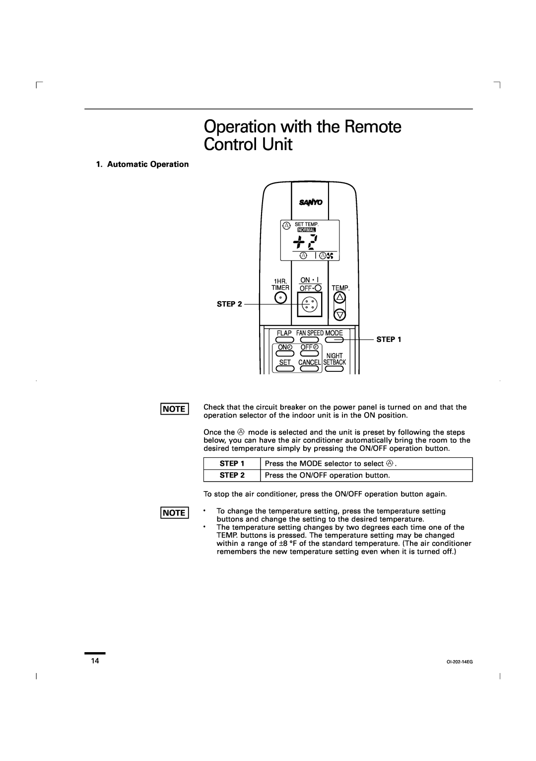 Sanyo CG1411, KGS1411 service manual Operation with the Remote Control Unit, Automatic Operation 