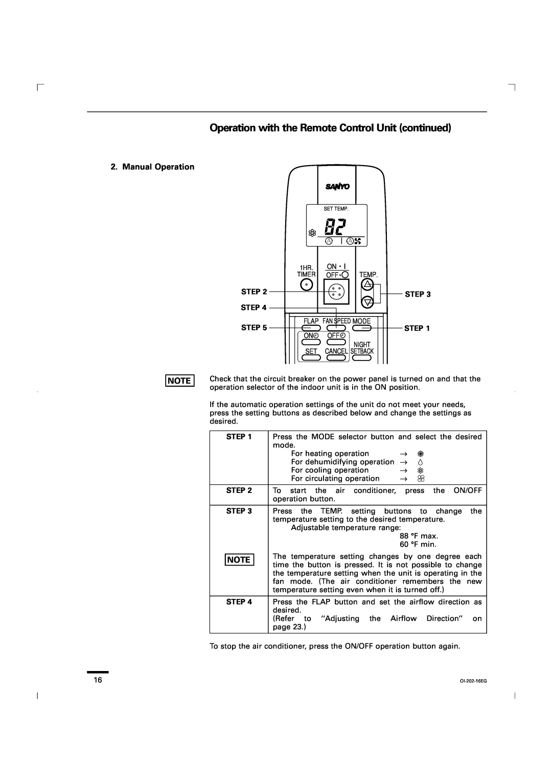 Sanyo CG1411, KGS1411 service manual Operation with the Remote Control Unit continued, Manual Operation 