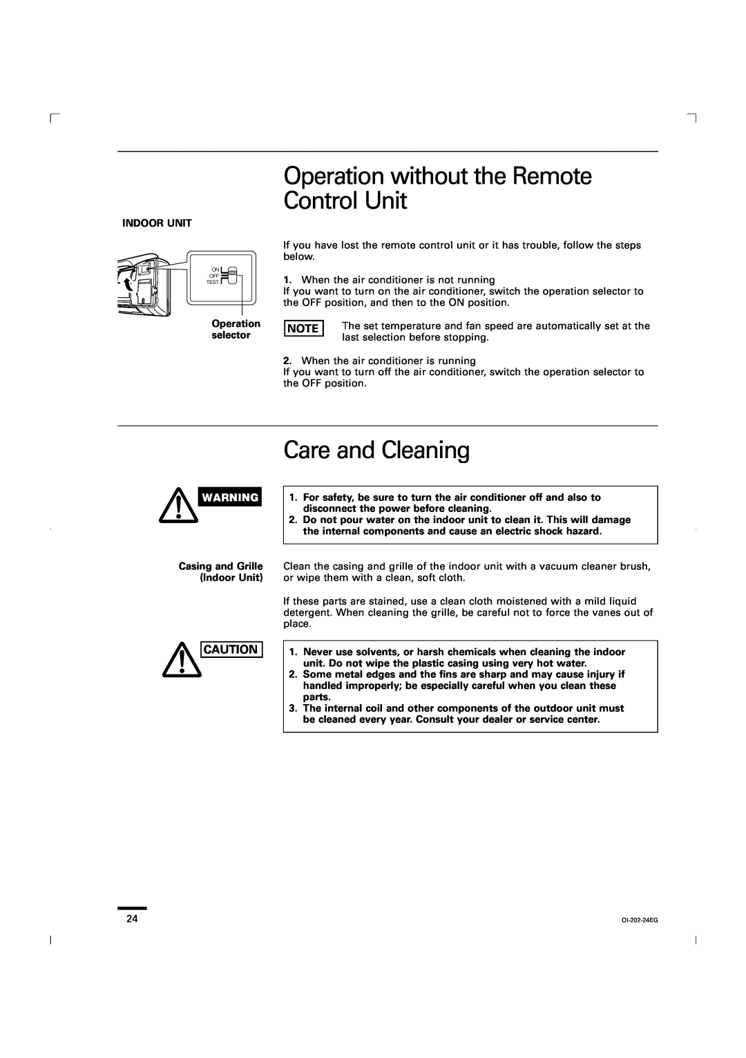 Sanyo CG1411, KGS1411 service manual Operation without the Remote Control Unit, Care and Cleaning 