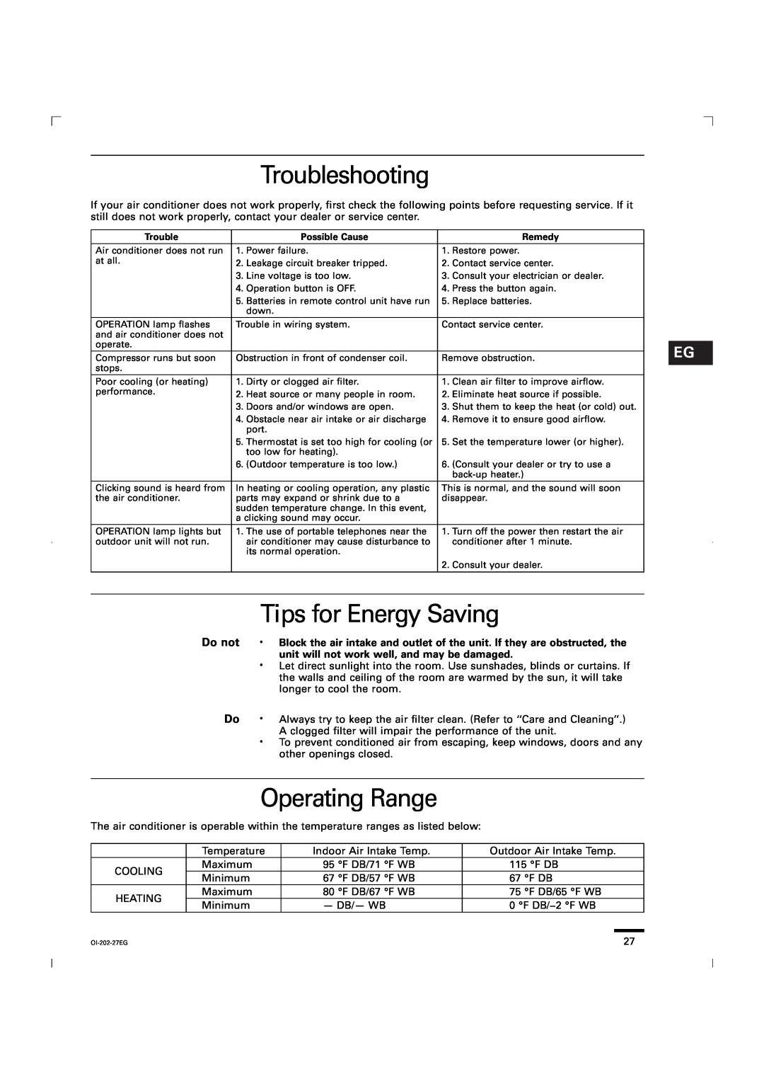 Sanyo KGS1411, CG1411 service manual Troubleshooting, Tips for Energy Saving, Operating Range, Do not ·, Do · 