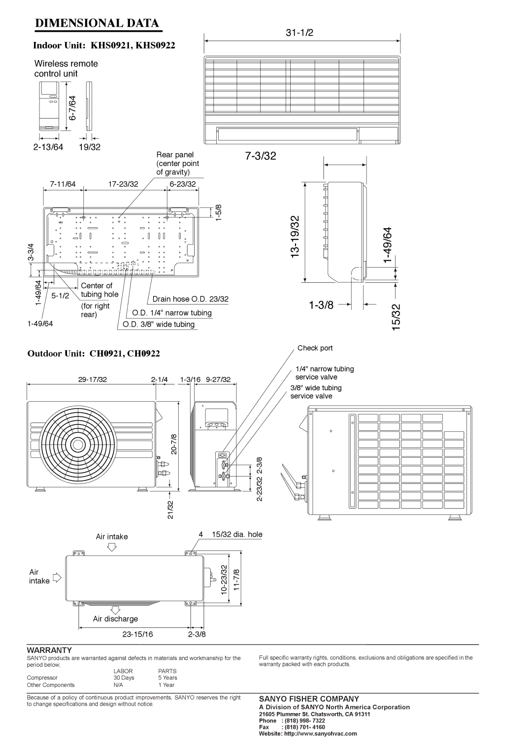 Sanyo CH0921 warranty Dimensional Data, 13-19/32 49/64 15/32, Indoor Unit KHS0921, KHS0922, 31-1/2 