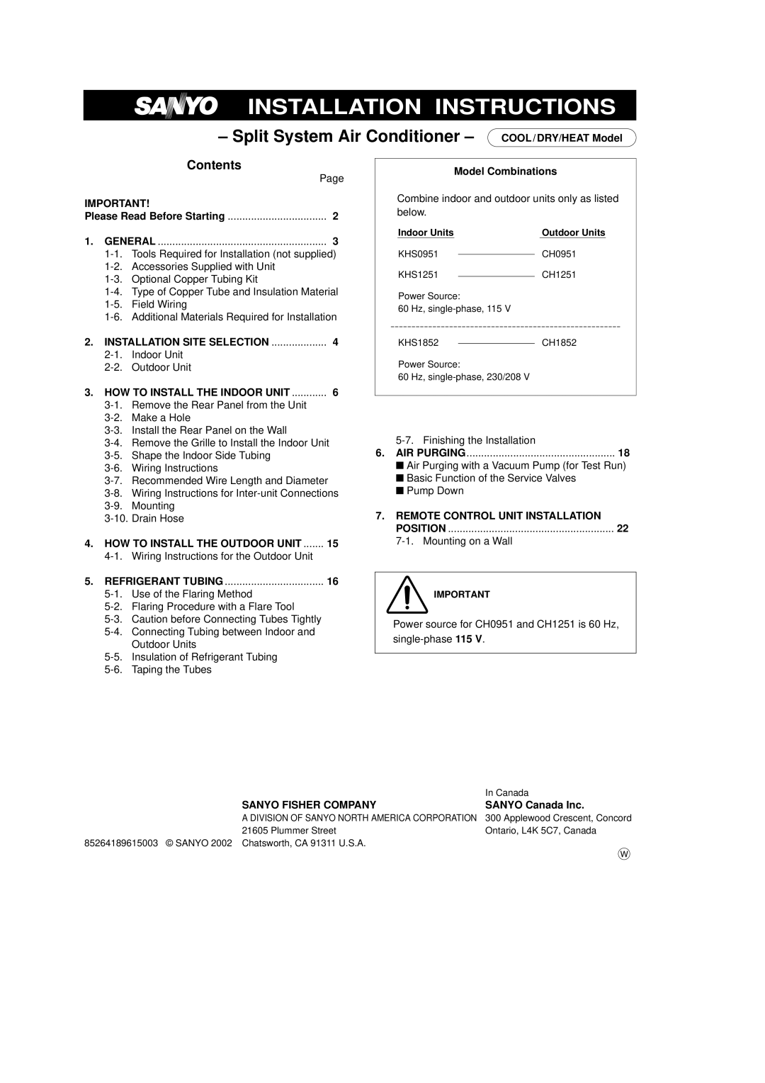 Sanyo CH0951, CH1251 installation instructions Installation Instructions, Contents 