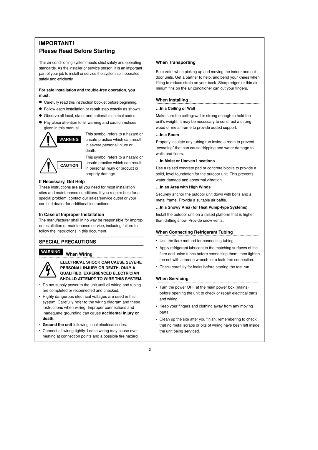 Sanyo CH1251 When Transporting, When Installing…, If Necessary, Get Help, Case of Improper Installation, When Wiring 