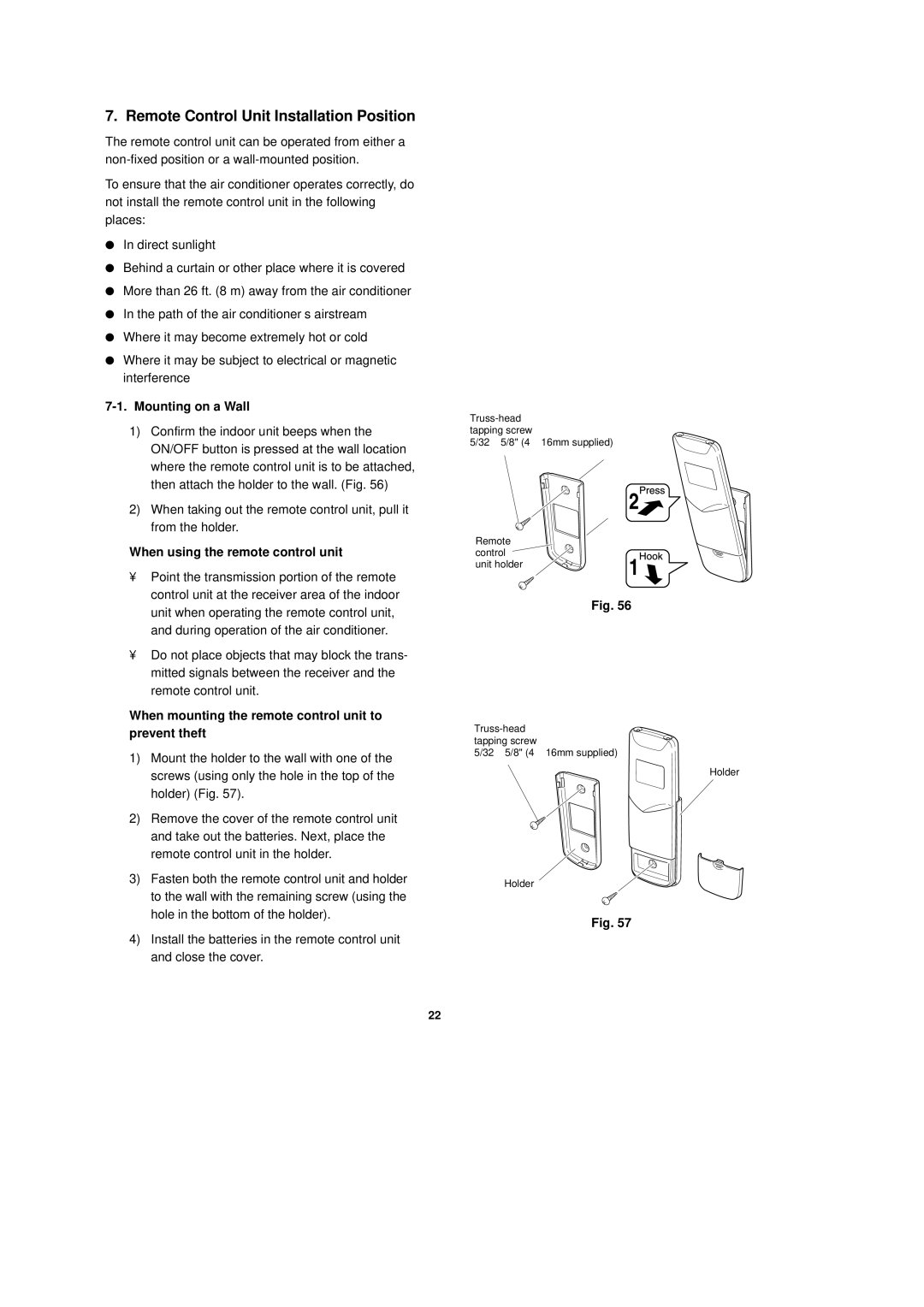 Sanyo CH1251, CH0951 Remote Control Unit Installation Position, Mounting on a Wall, When using the remote control unit 