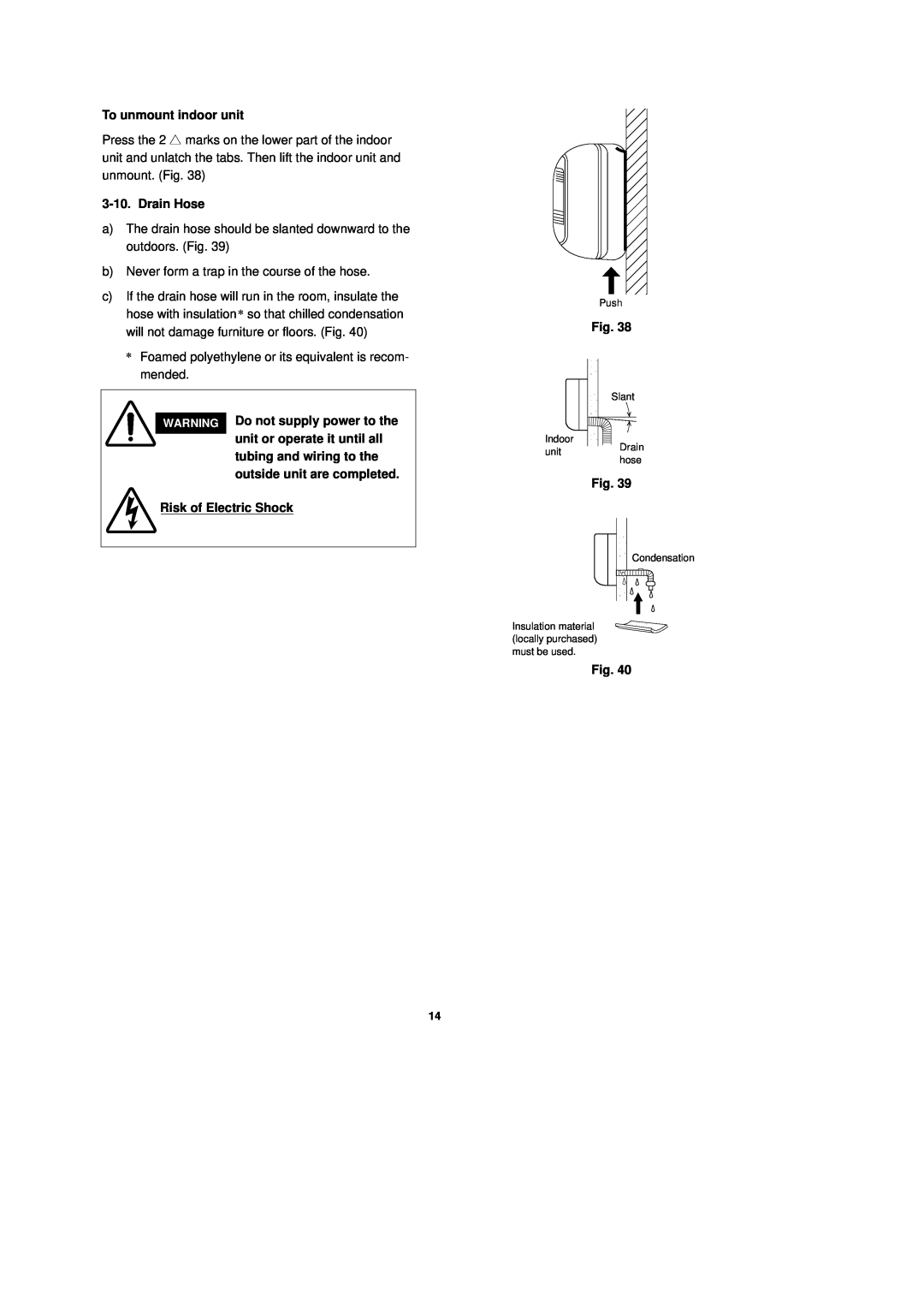 Sanyo CH1251, CH0951 installation instructions To unmount indoor unit, Drain Hose, Risk of Electric Shock 