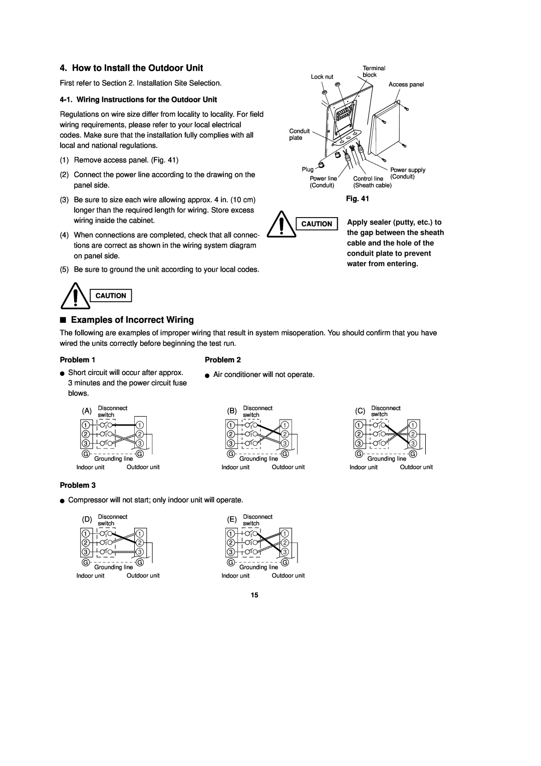 Sanyo CH0951 How to Install the Outdoor Unit, Examples of Incorrect Wiring, Wiring Instructions for the Outdoor Unit 