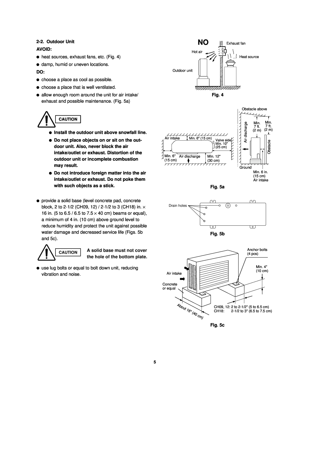 Sanyo CH0951, CH1251 Outdoor Unit AVOID, Install the outdoor unit above snowfall line, A solid base must not cover 