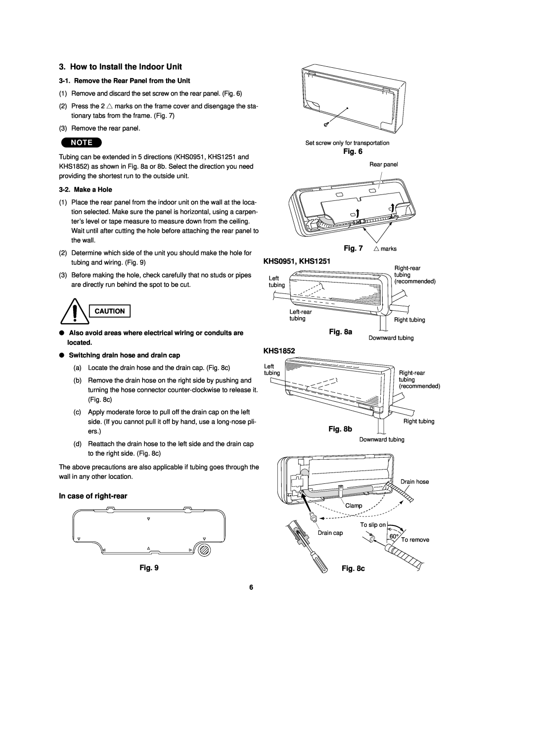 Sanyo CH1251 How to Install the Indoor Unit, marks KHS0951, KHS1251, KHS1852, b, In case of right-rear, Make a Hole 