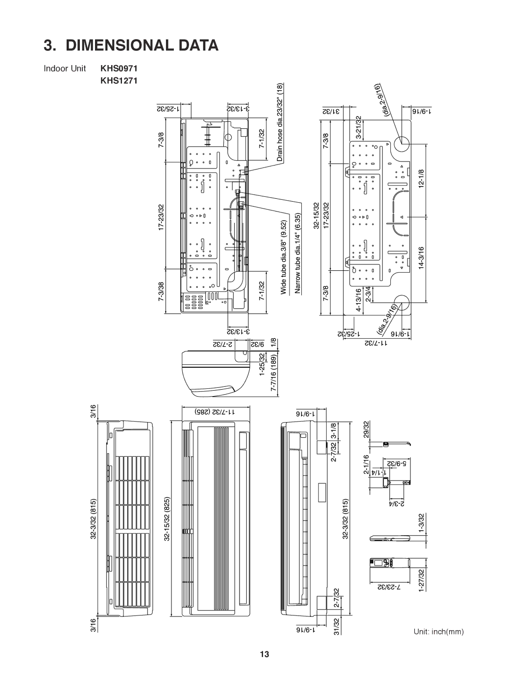 Sanyo CH0971, CH1271 service manual Dimensional Data, Indoor Unit KHS0971 