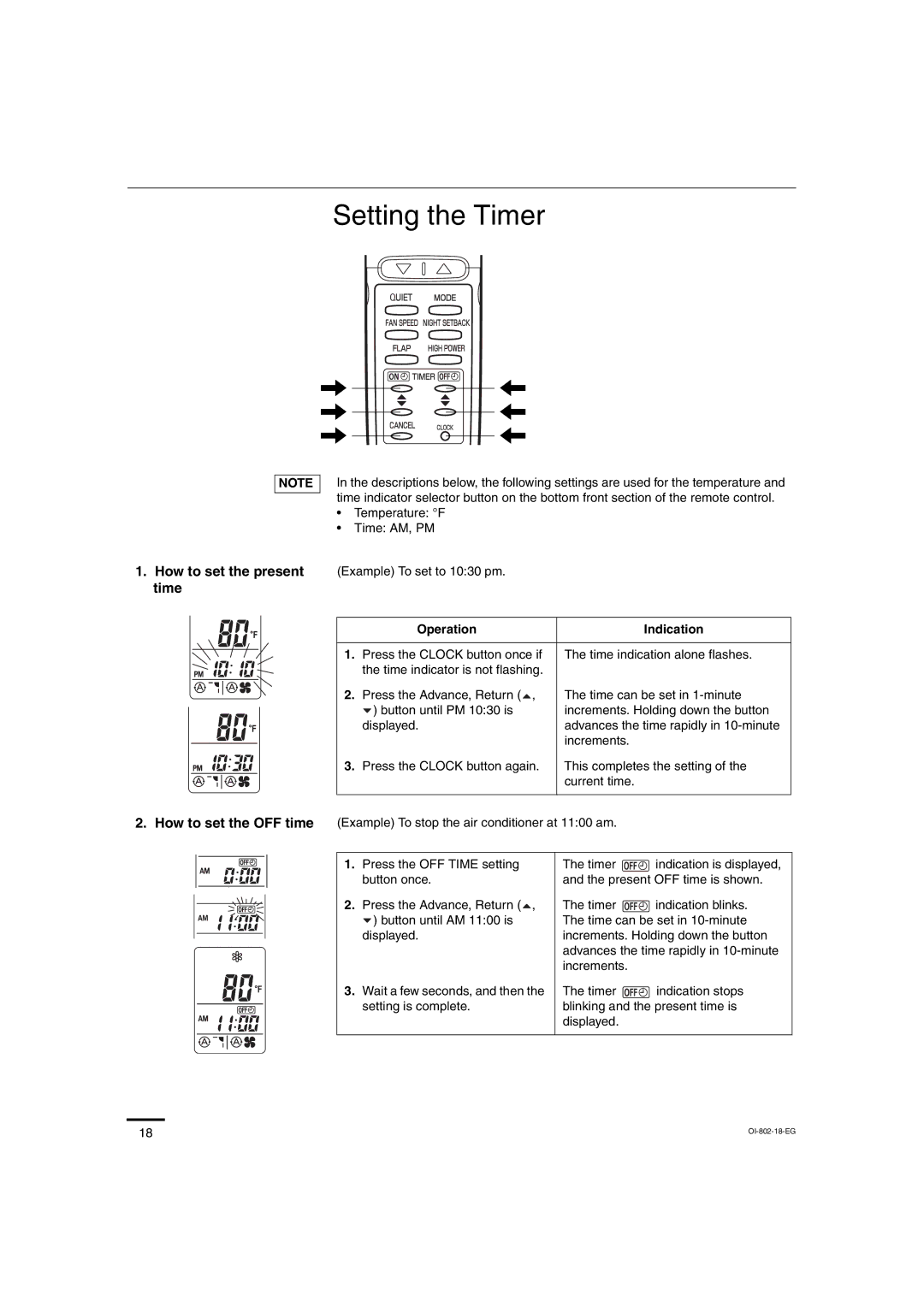 Sanyo CH0971, CH1271 service manual Setting the Timer, Example To set to 1030 pm, Operation Indication 