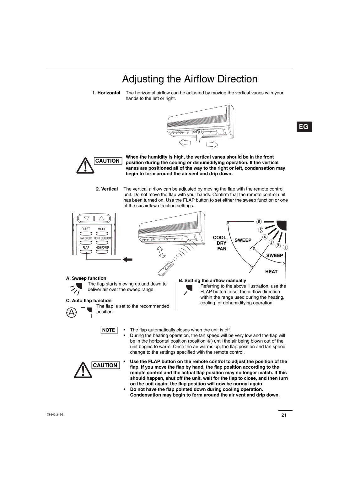 Sanyo CH1271, CH0971 service manual Adjusting the Airflow Direction, Cool Sweep DRY FAN Heat 