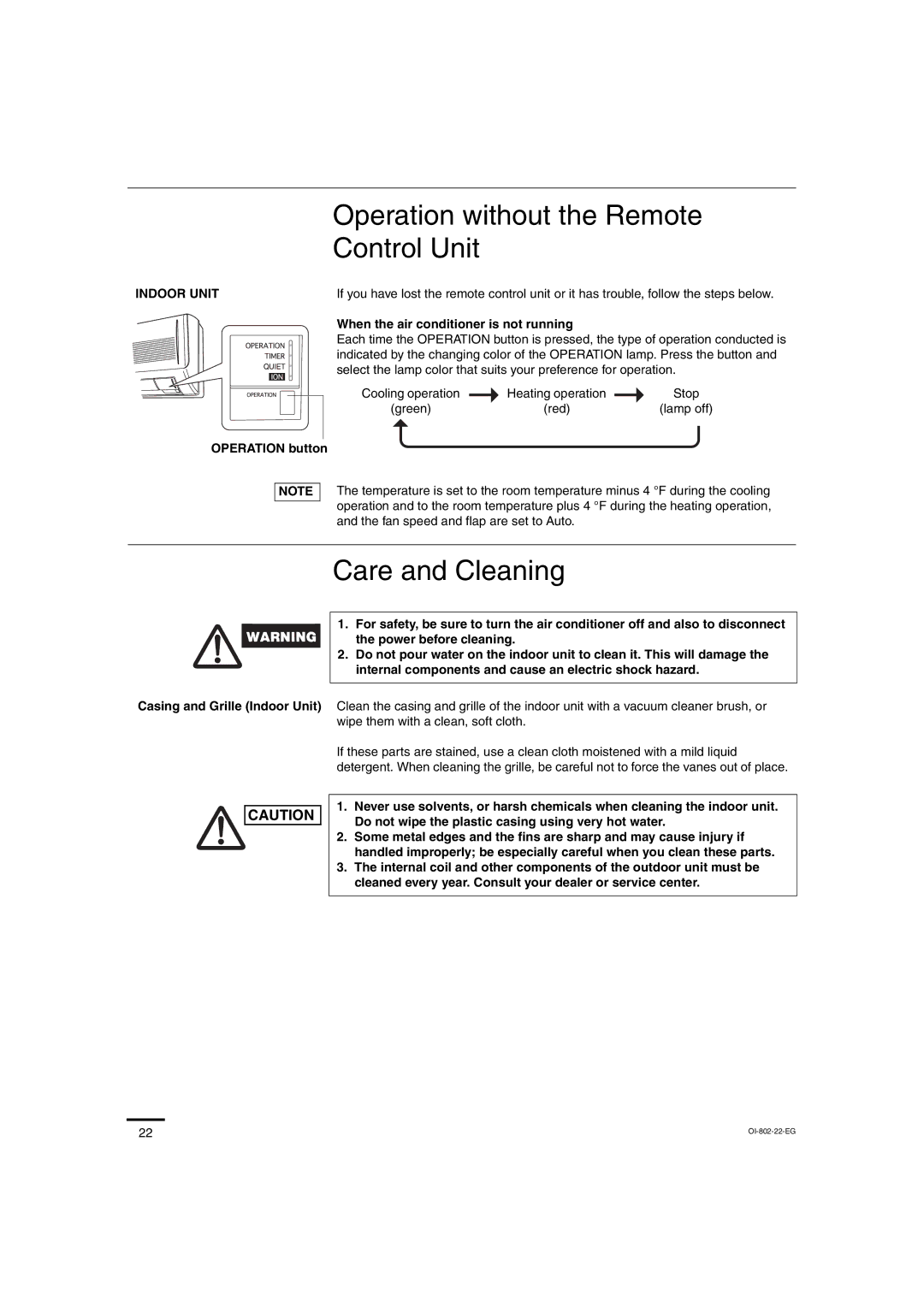 Sanyo CH0971, CH1271 Operation without the Remote Control Unit, Care and Cleaning, When the air conditioner is not running 