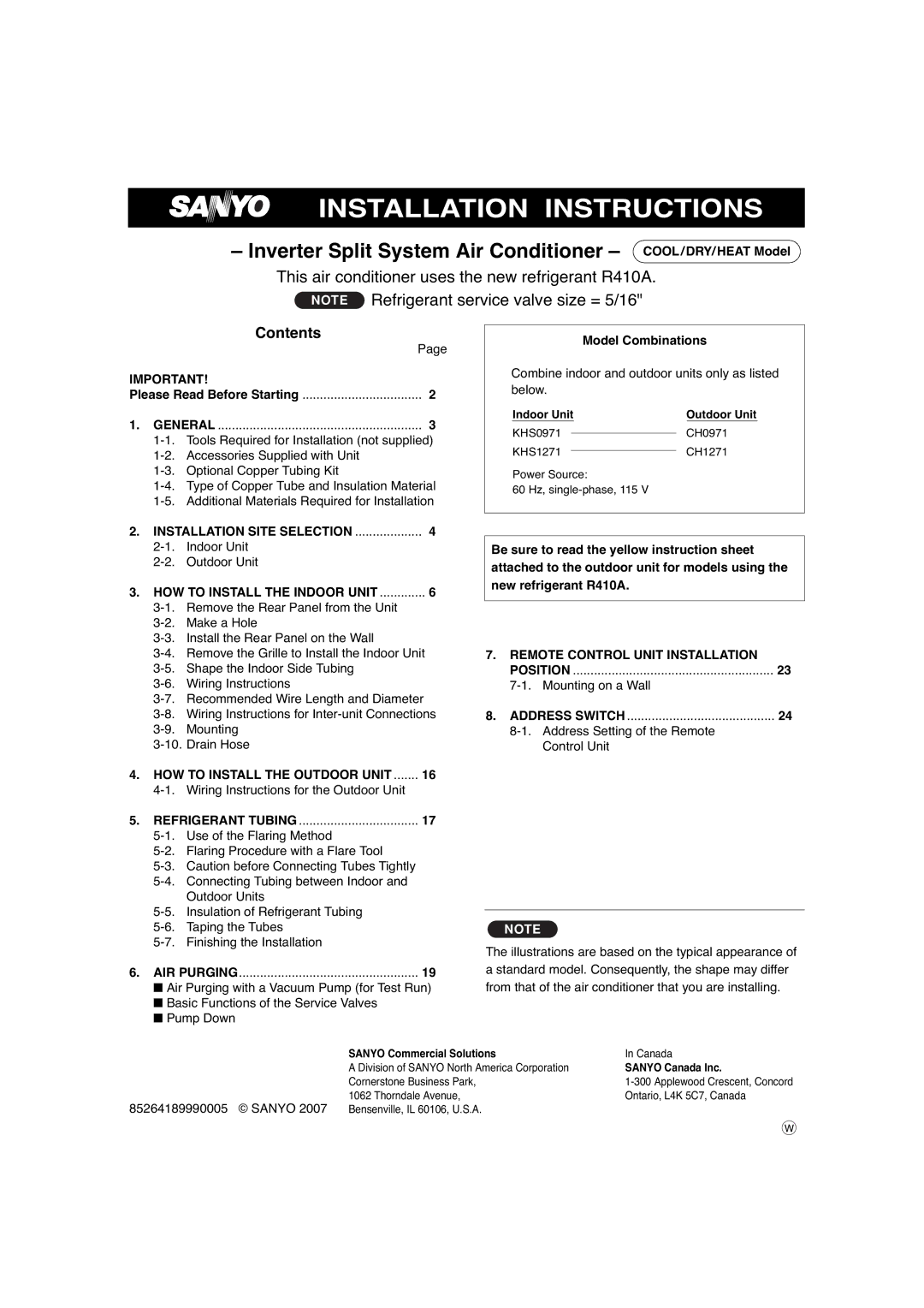 Sanyo CH1271, CH0971 service manual Installation Instructions, Contents 