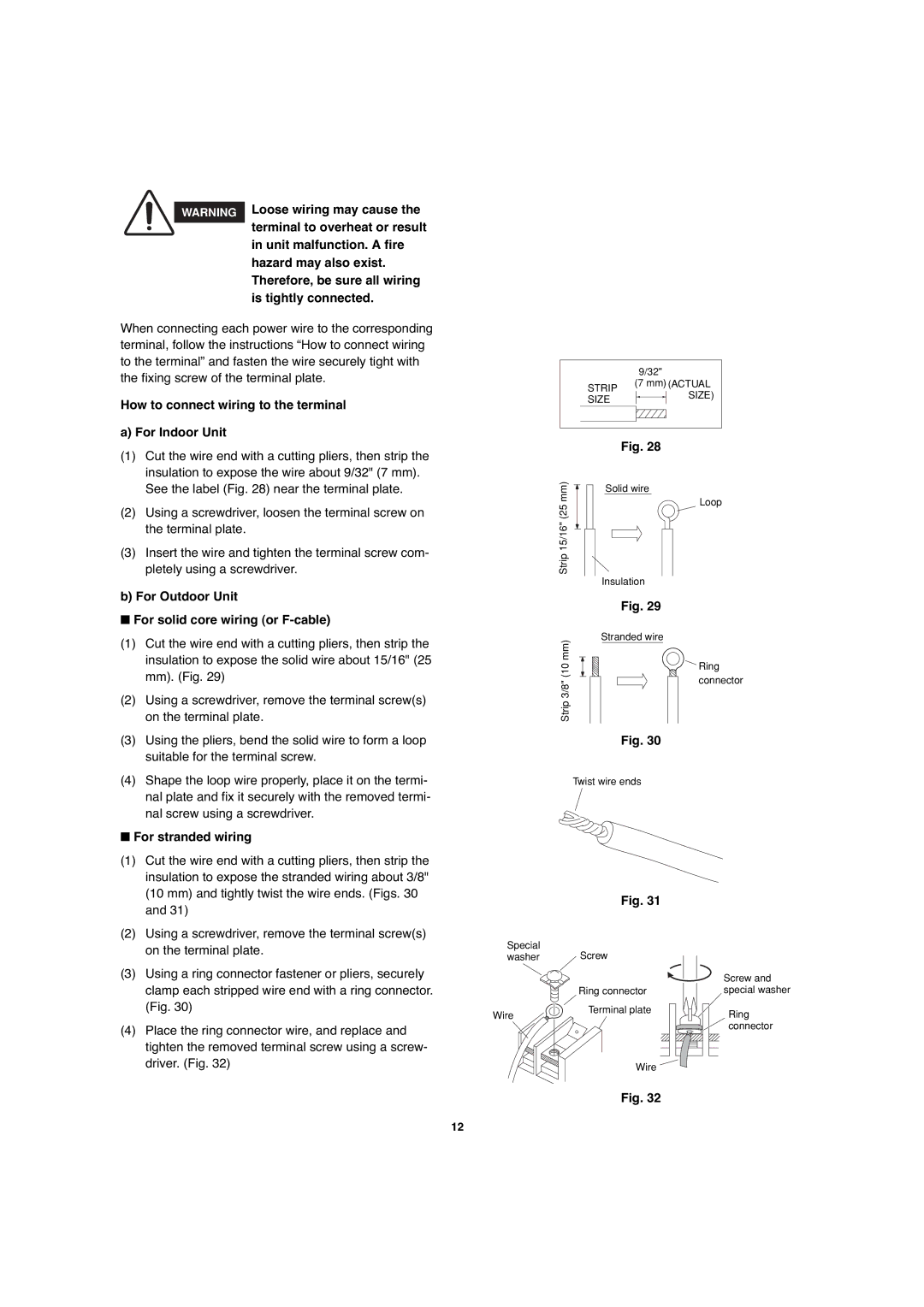 Sanyo CH0971 How to connect wiring to the terminal For Indoor Unit, For Outdoor Unit For solid core wiring or F-cable 