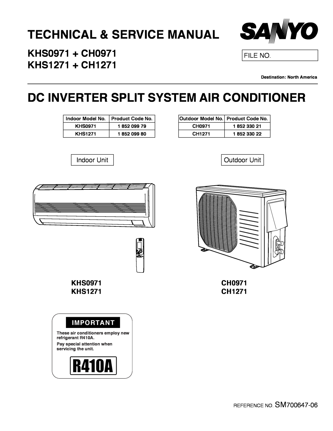 Sanyo service manual KHS0971 + CH0971 KHS1271 + CH1271, Dc Inverter Split System Air Conditioner, File No, Indoor Unit 