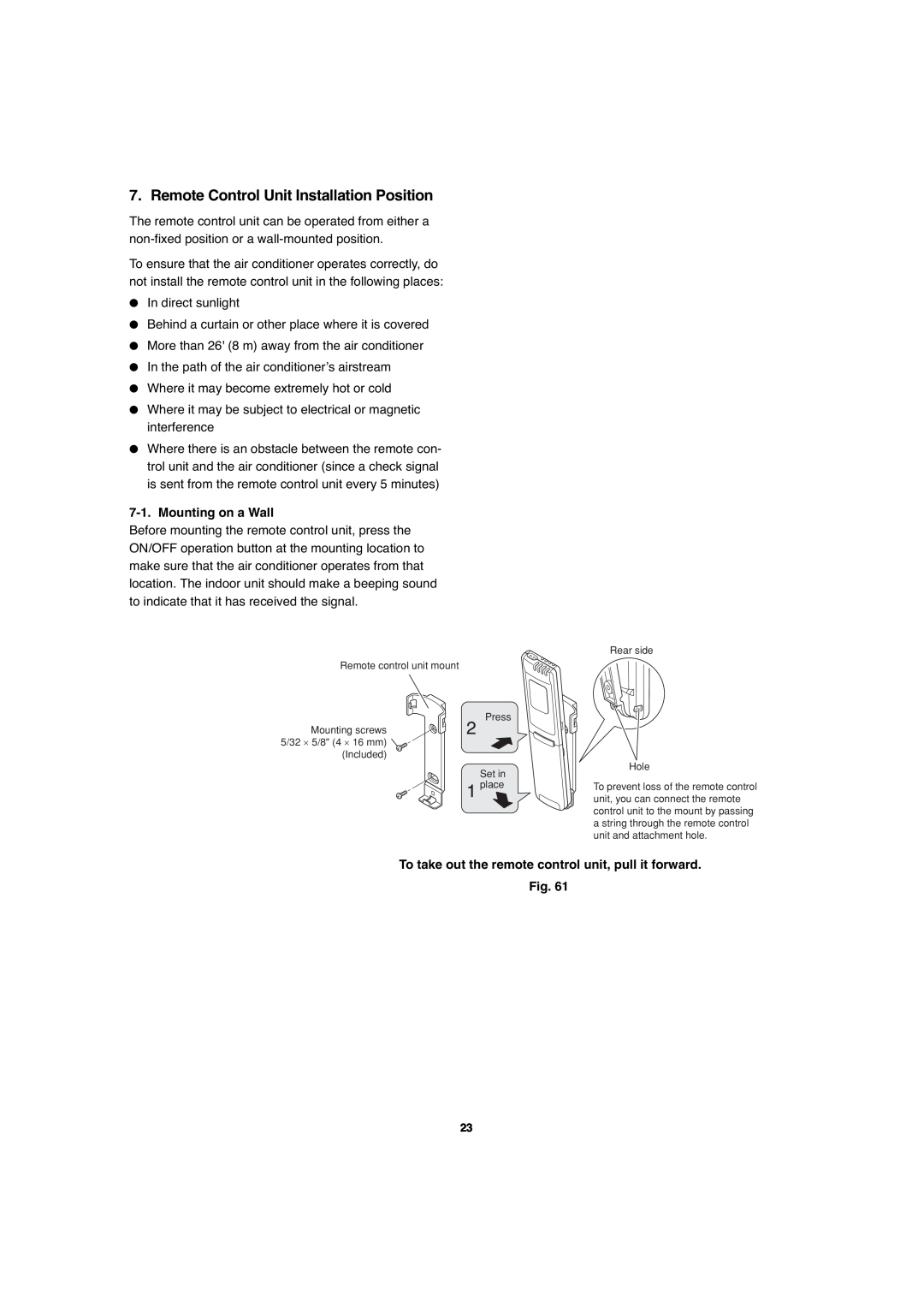 Sanyo CH1271, CH0971 service manual Remote Control Unit Installation Position, Mounting on a Wall 