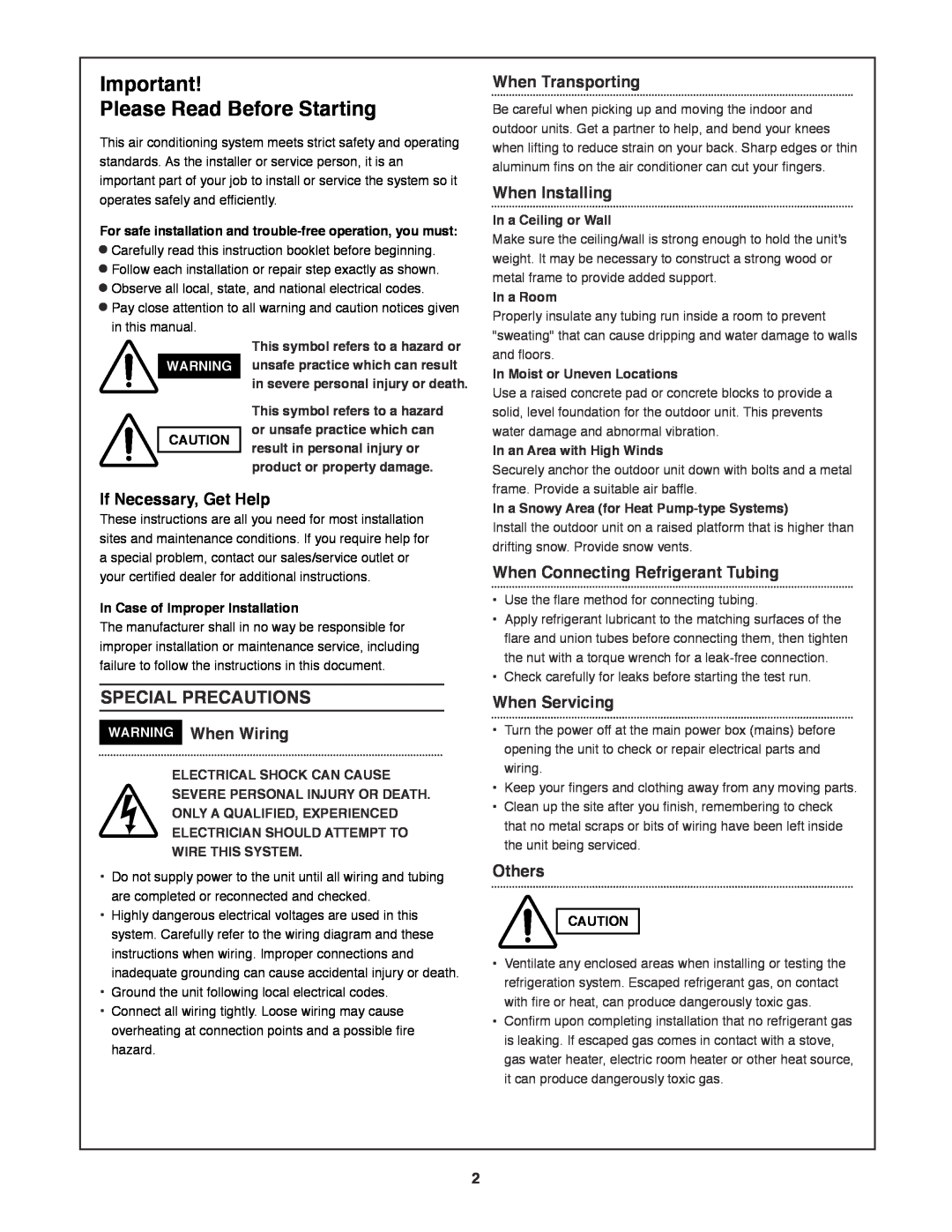 Sanyo CH1271 Special Precautions, Please Read Before Starting, If Necessary, Get Help, WARNING When Wiring, When Servicing 