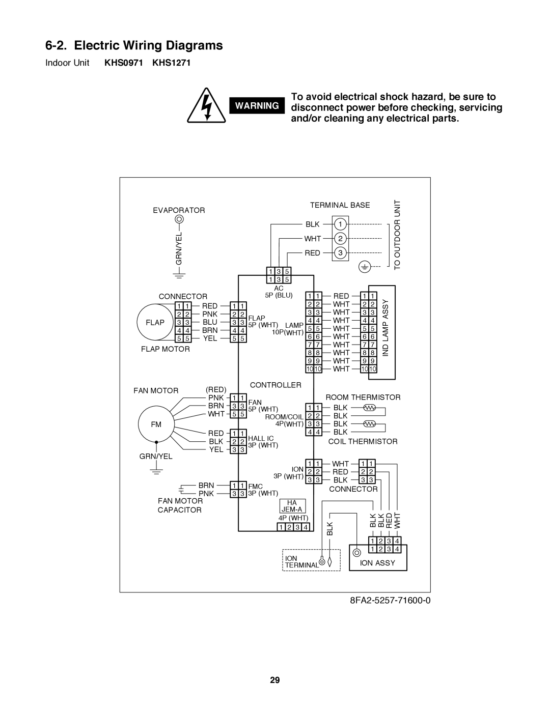 Sanyo CH0971, CH1271 service manual Electric Wiring Diagrams, Indoor Unit KHS0971 KHS1271 
