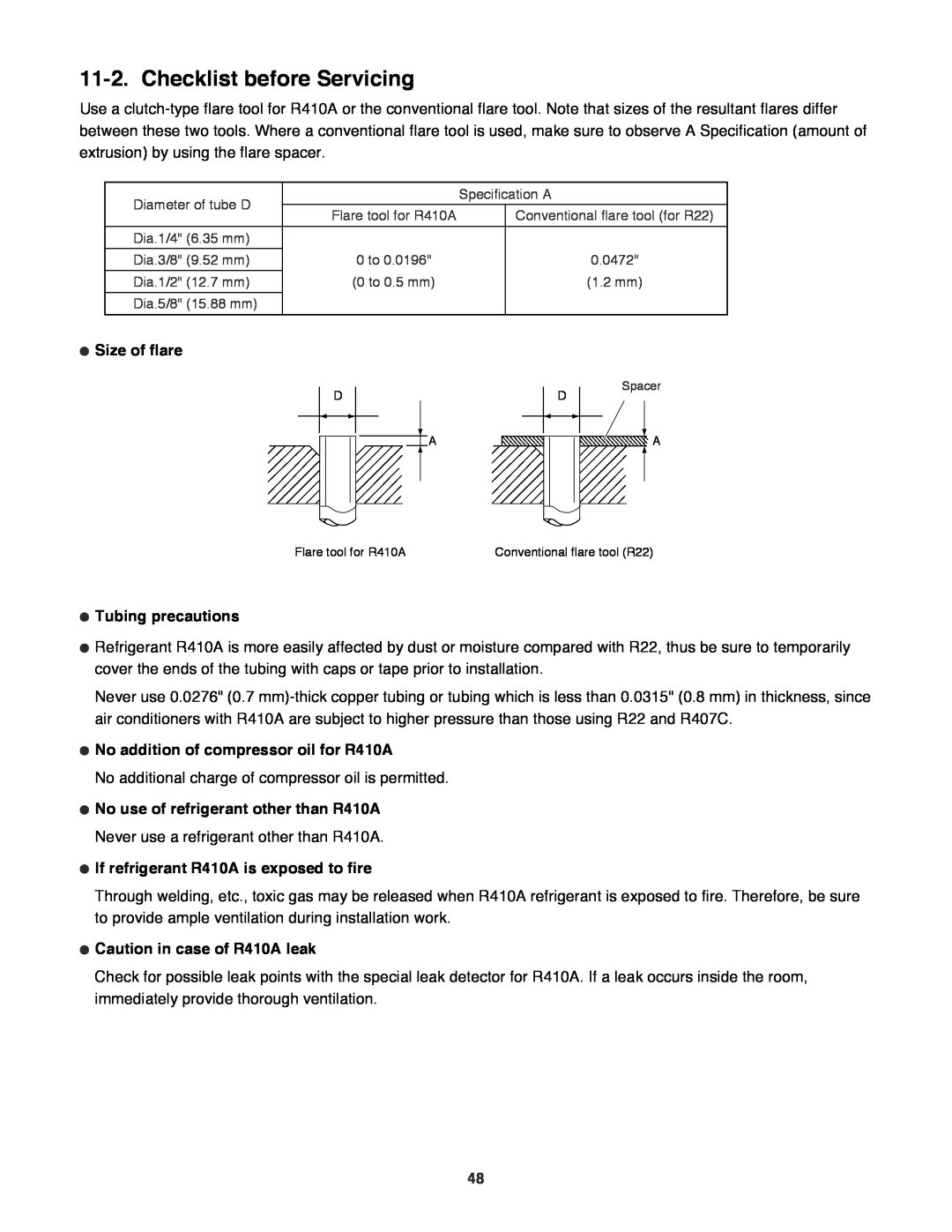 Sanyo CH1271 Checklist before Servicing, Size of flare, Tubing precautions, No addition of compressor oil for R410A 