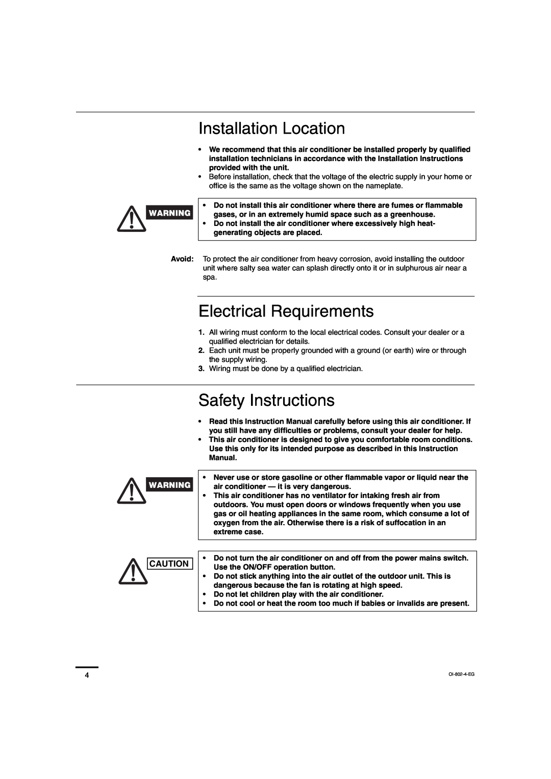 Sanyo CH0971, CH1271 service manual Installation Location, Electrical Requirements, Safety Instructions 