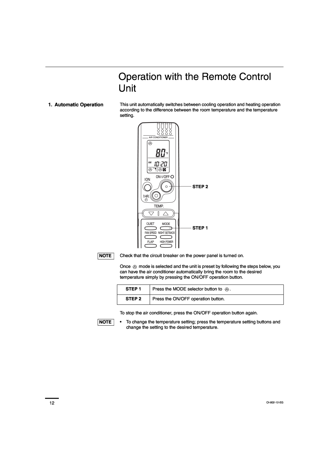 Sanyo CH0971, CH1271 service manual Operation with the Remote Control Unit, Automatic Operation 